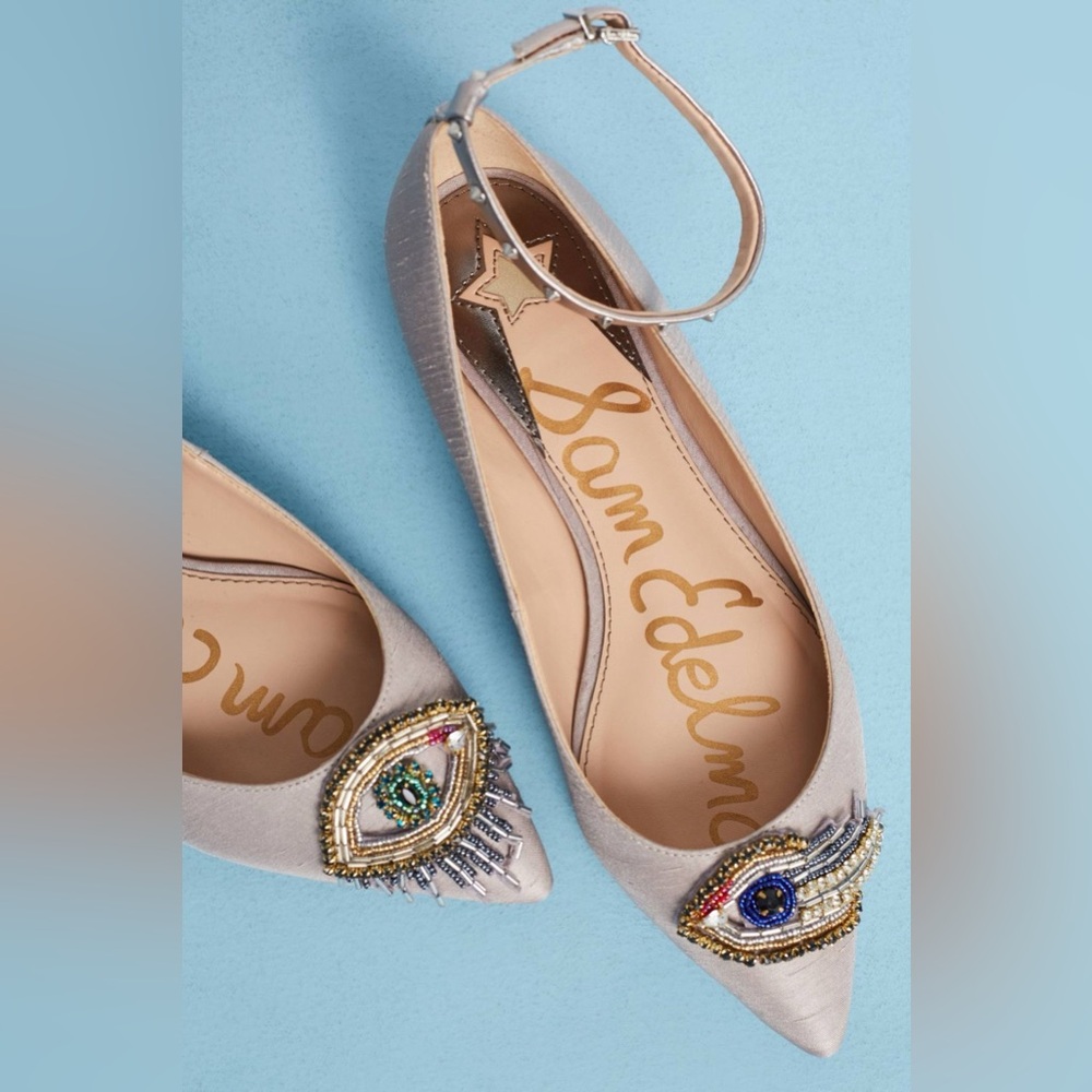NEW SAM EDELMAN Rexley Evil Eye Beaded Embellished Flats in Silver, Size 6, NWOT
